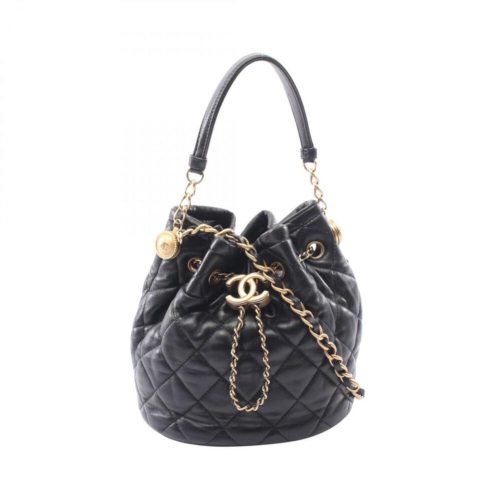Chanel Matelasse Drawstring Bucket Bag Shoulder Lambskin Leather Black